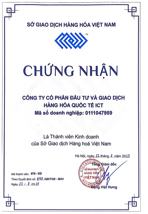 Giấy chứng nhận ICT là Thành viên Kinh doanh của Sở Giao dịch Hàng hóa Việt Nam, mã 079-KD