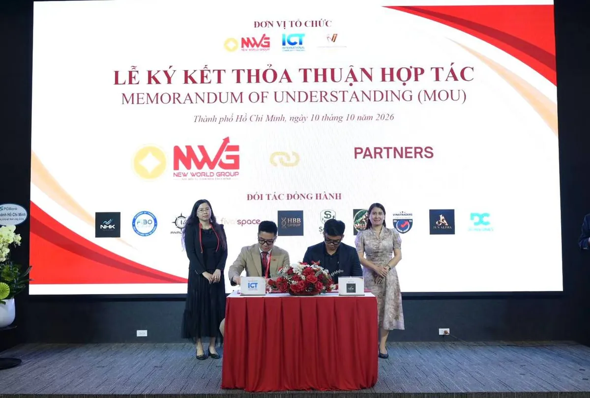 Lễ ký kết Thỏa thuận hợp tác MOU giữa New World Group, ICT và các đối tác đồng hành, có logo NHK Trading Academy